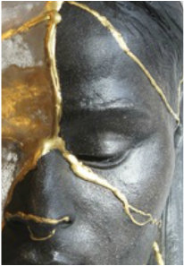 Kintsugi Head 1, by Billie Bond Black stoneware, resin, gold